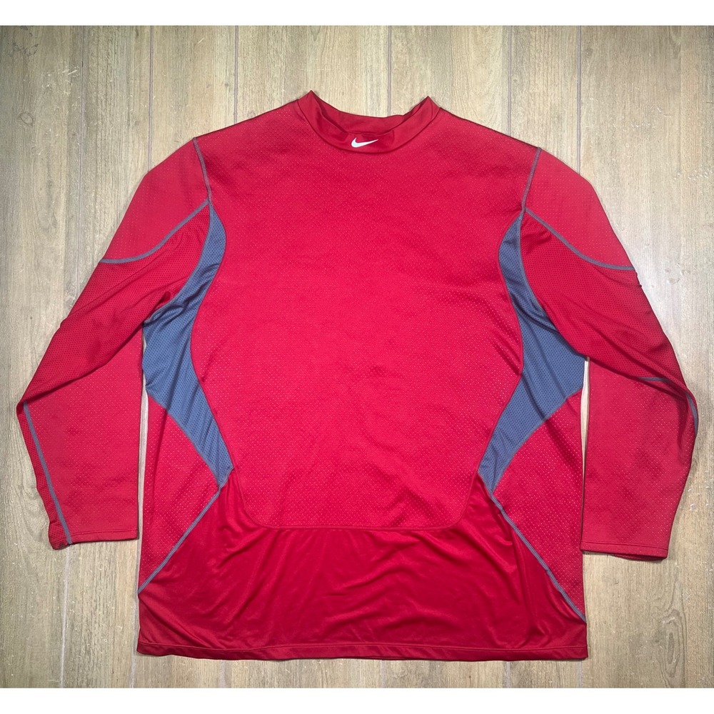 Nike Pro Combat Dri-FIT Fitted Mock Neck Long Sleeve Top Red Grey XL
